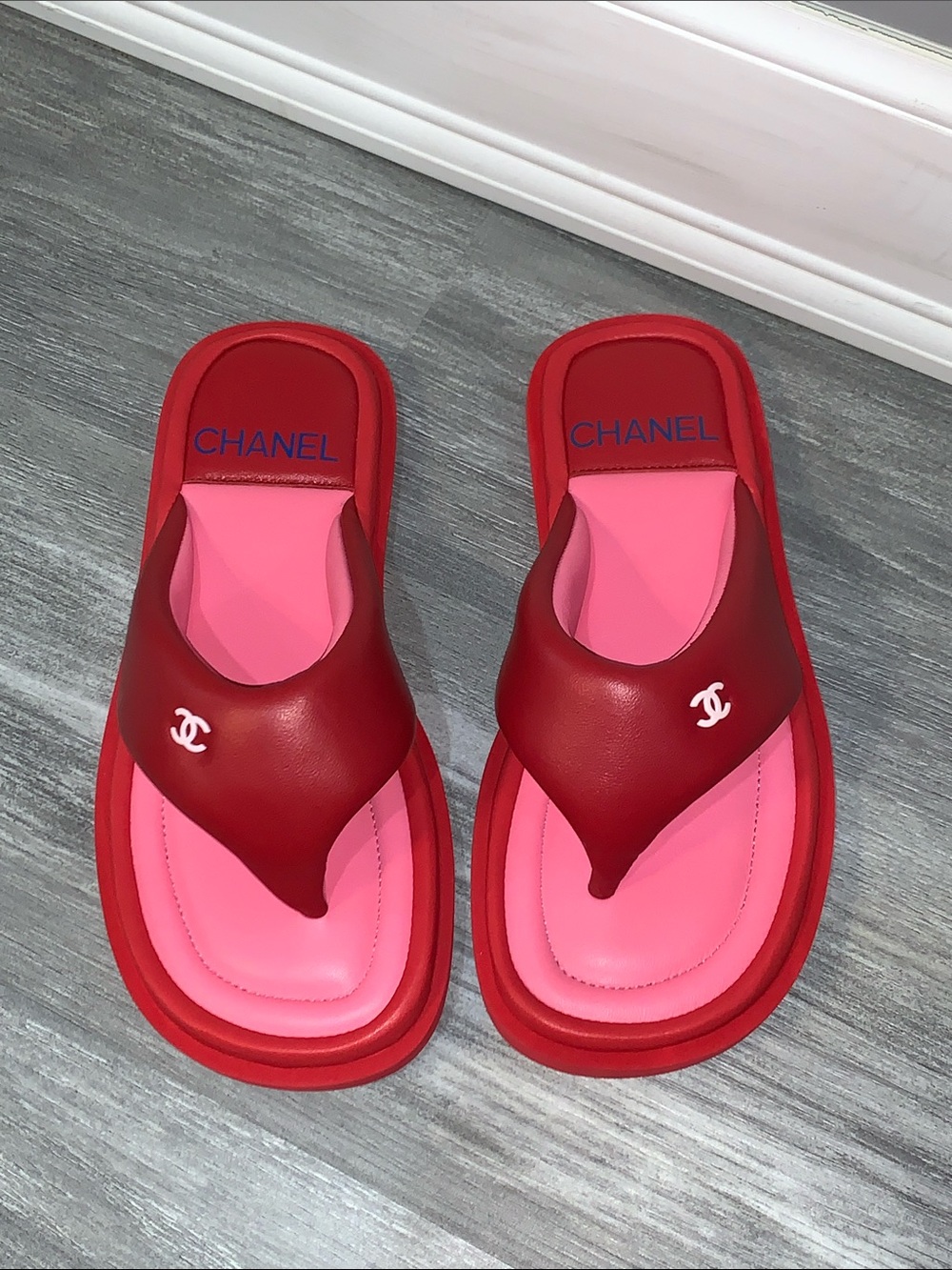 CHANEL Red and Pink Leather Thong Sandals